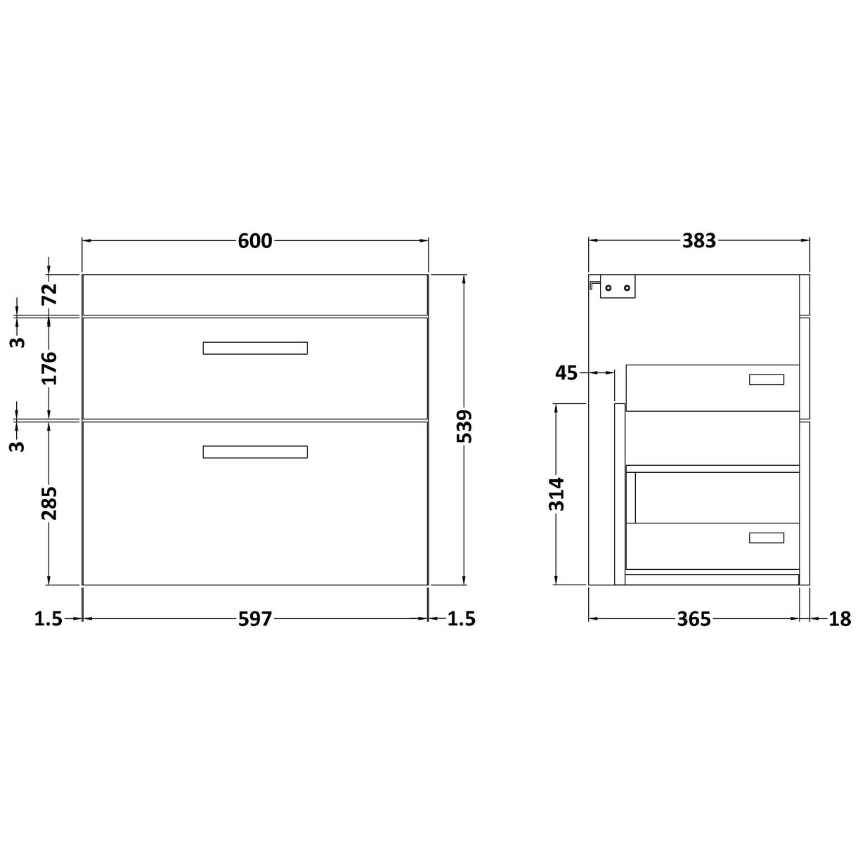 600mm Wall Hung 2-Drawer Basin Unit - Anthracite Woodgrain