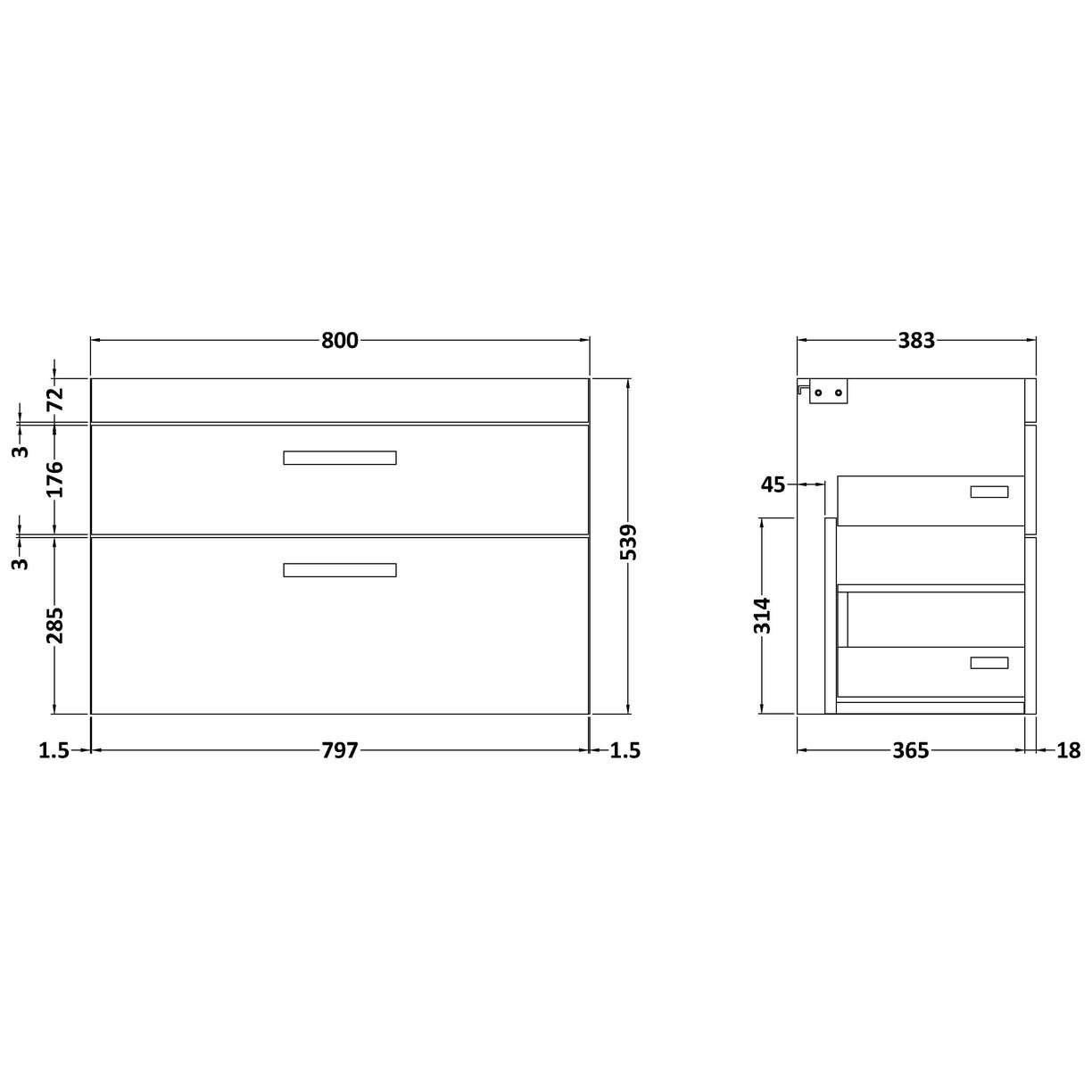 800mm Wall Hung 2-Drawer Basin Unit - Black Woodgrain