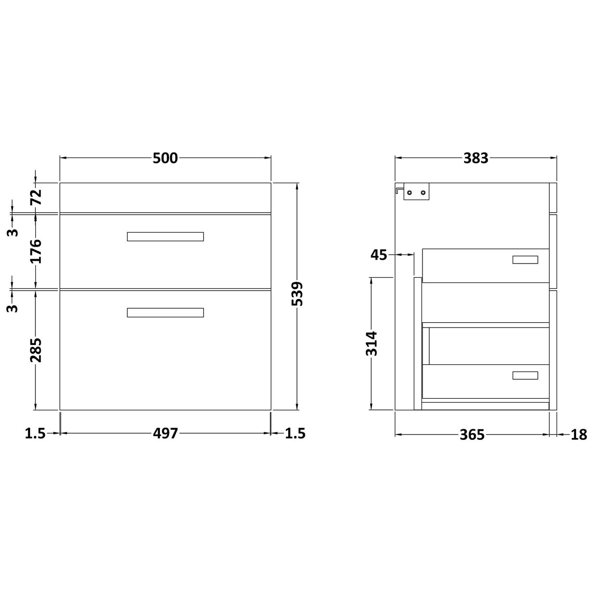 500mm Wall Hung 2-Drawer Basin Unit - Gloss White
