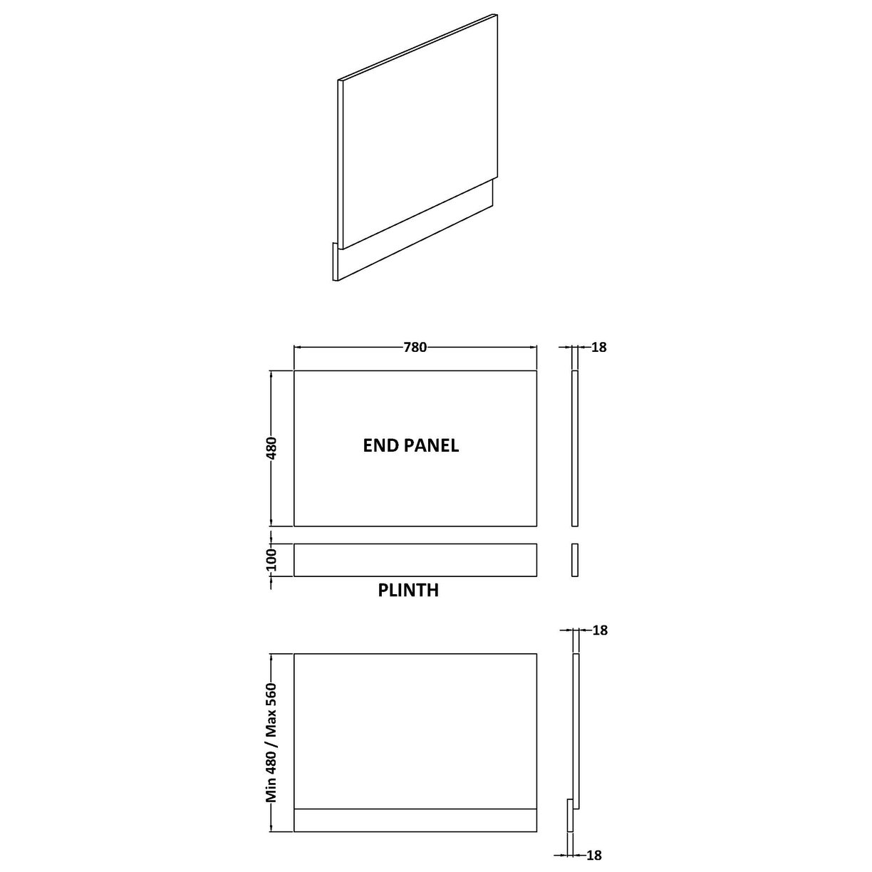 800mm Bath End Panel - Charcoal Black
