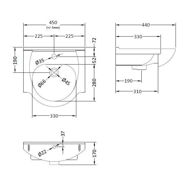 Classic 450mm 1T/H Basin - White