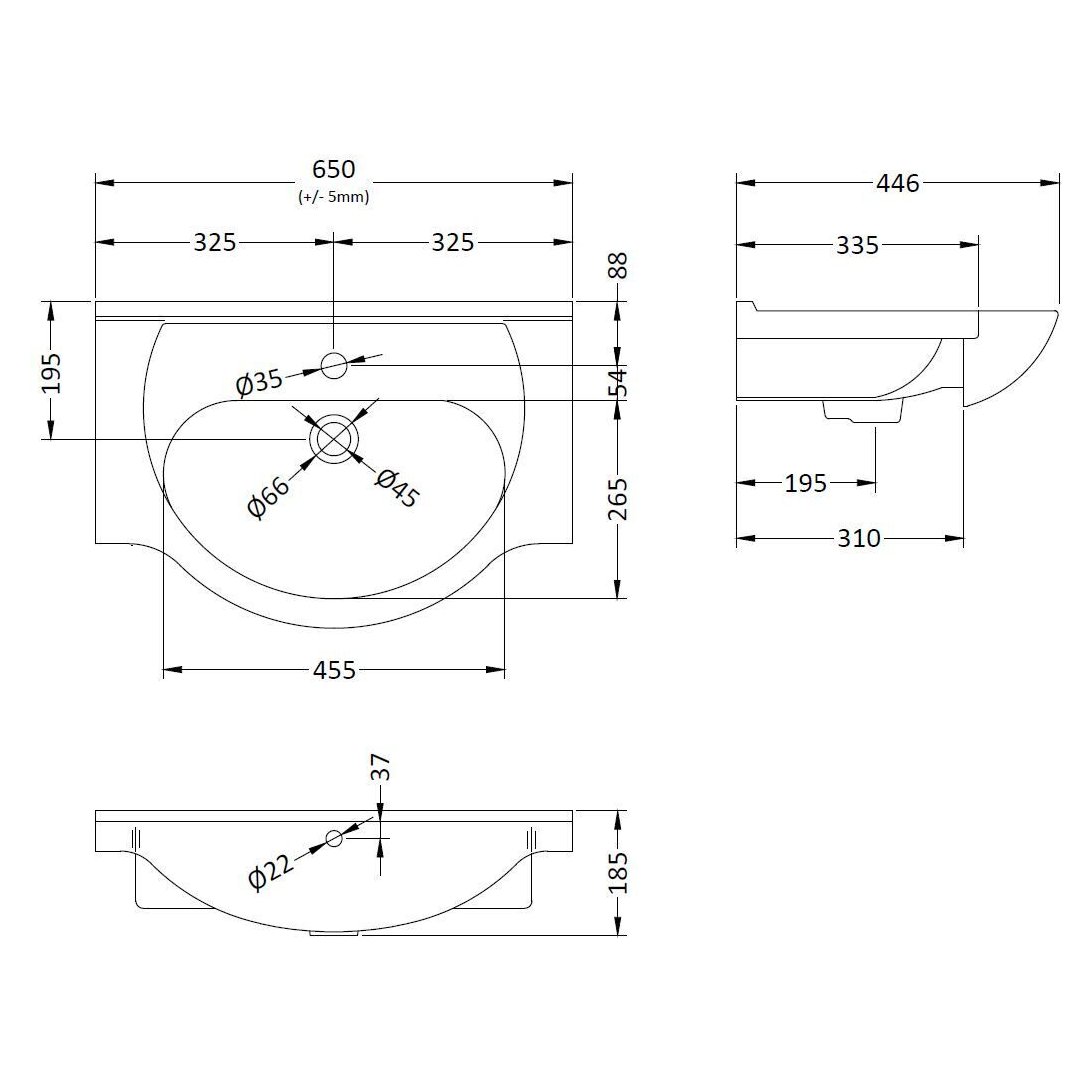 Classic 650mm 1T/H Basin - White