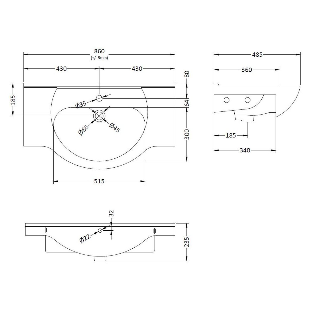 Classic 850mm 1T/H Basin - White