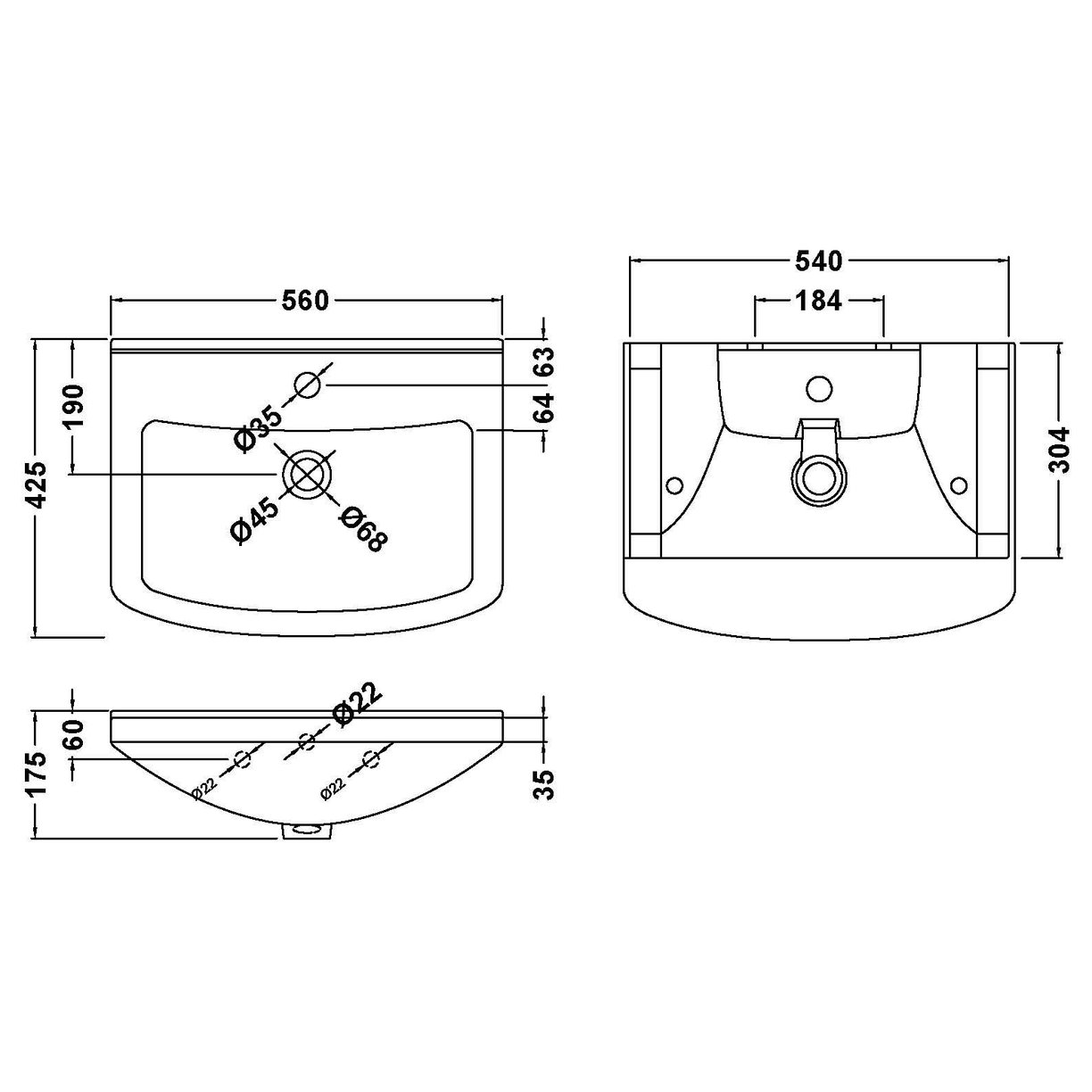 550mm Deluxe Basin 1Th (300mm Deep) - White