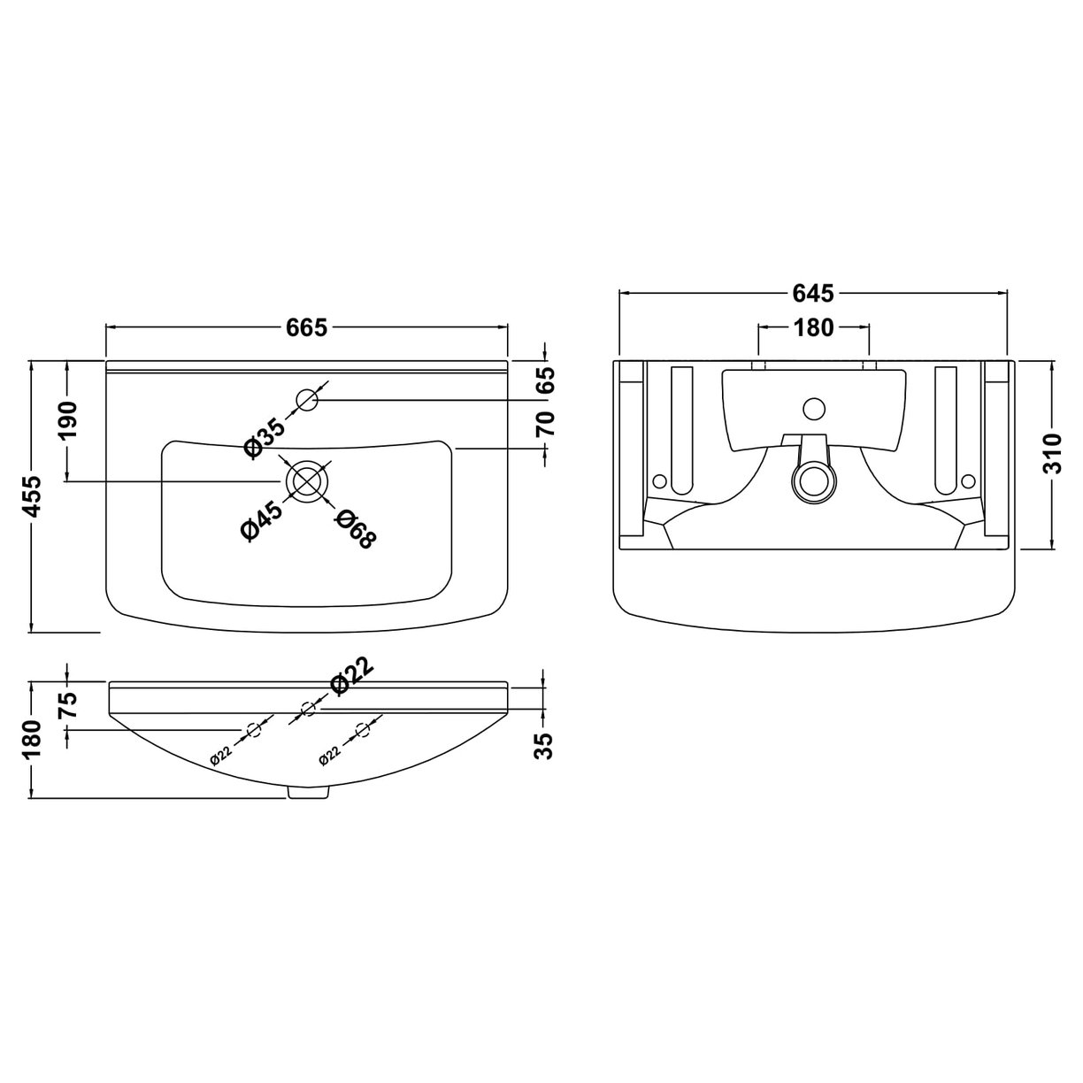 650mm Deluxe Basin 1Th (300mm Deep) - White