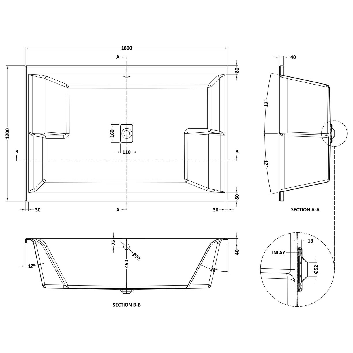 1800 x 1200 Large Inset Bath Only - White
