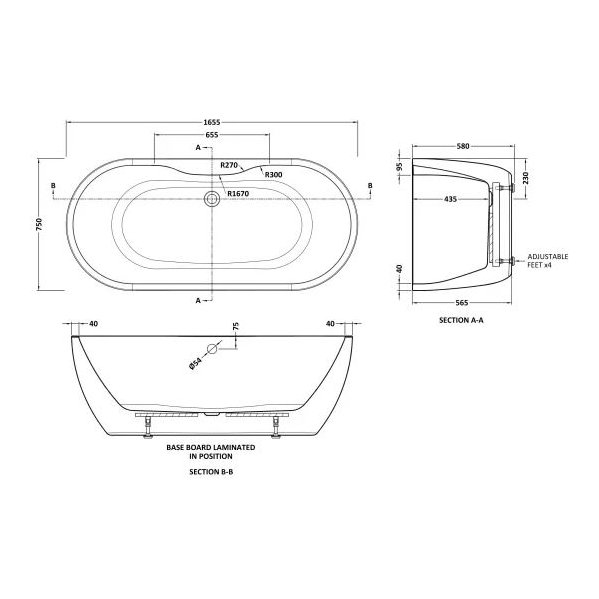 1655 x 745 x 580mm Boat Freestanding Bath