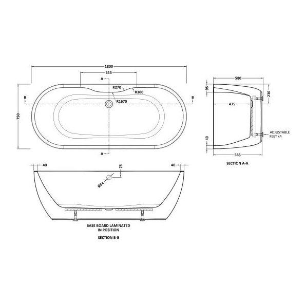 1800 x 745 x 580mm Boat Freestanding Bath