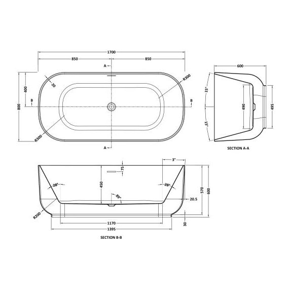 1700 x 800 x 600mm Soft Square Freestanding Bath