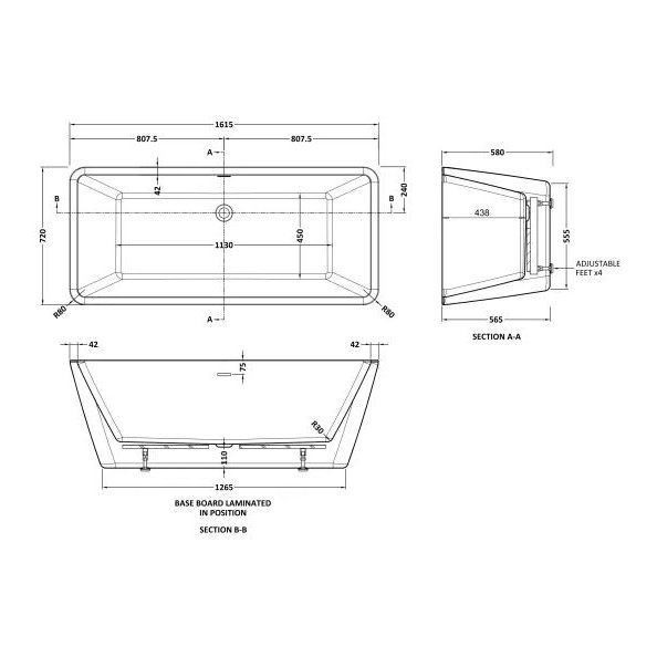 1615 x 720 x 577mm Square Freestanding Bath