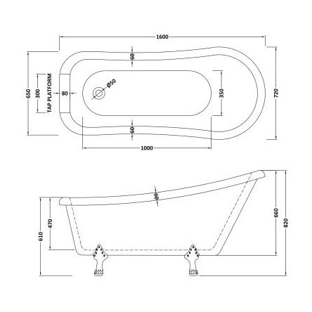 1600 x 770 x 780mm Freestanding Bath & Feet