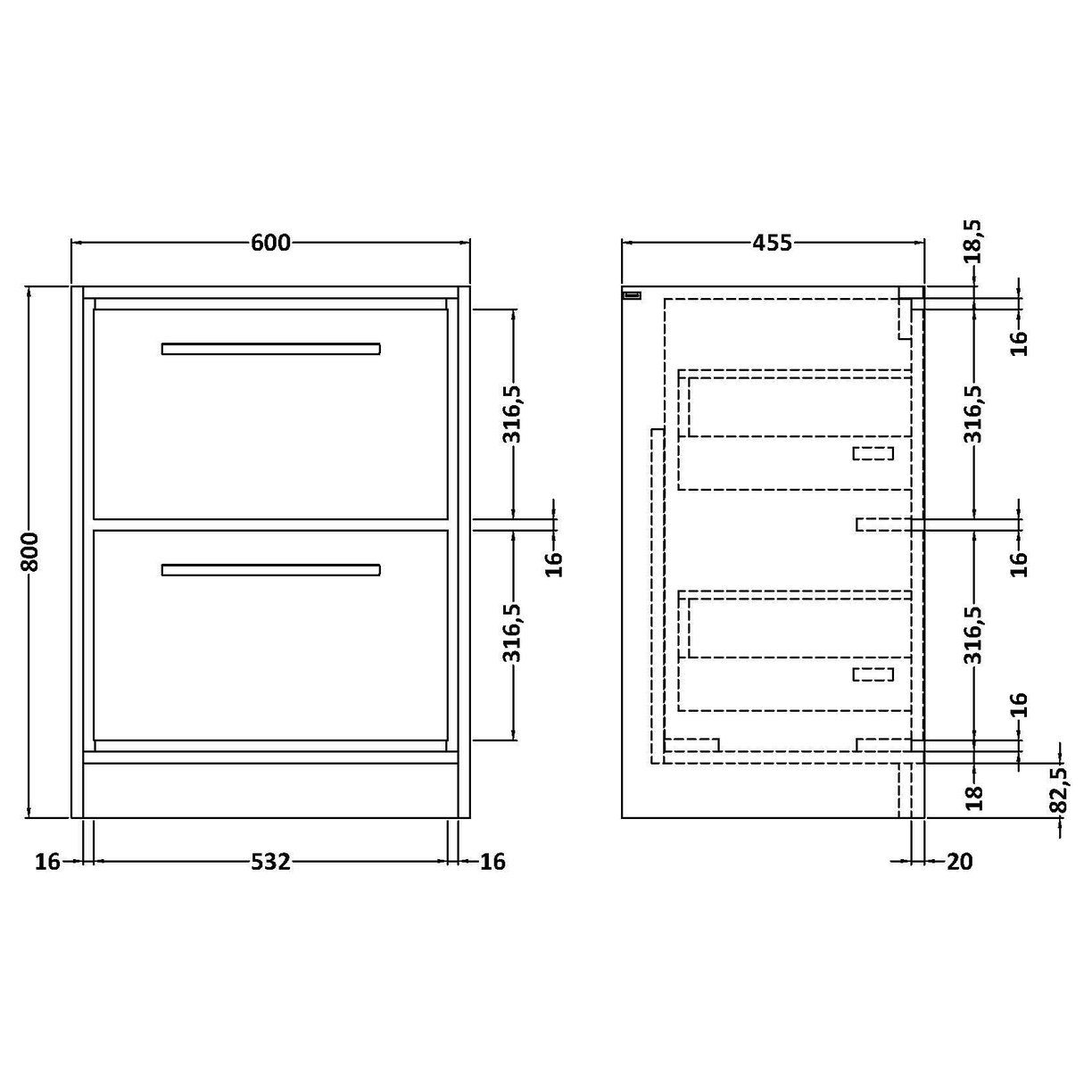 600 2-Drawer Floor Standing Unit (H-800 X W-600 X D455) - Coastal Grey