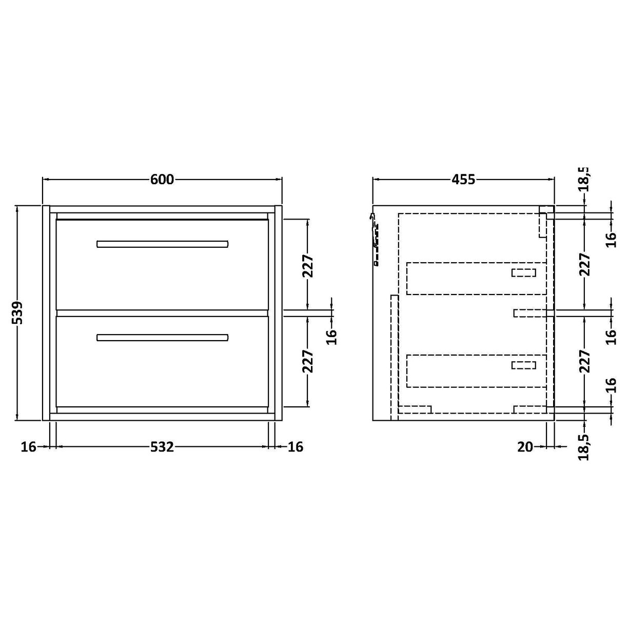 600 2-Drawer Wall Hung Unit (H-539X W-600 X D455) - Pebble Grey