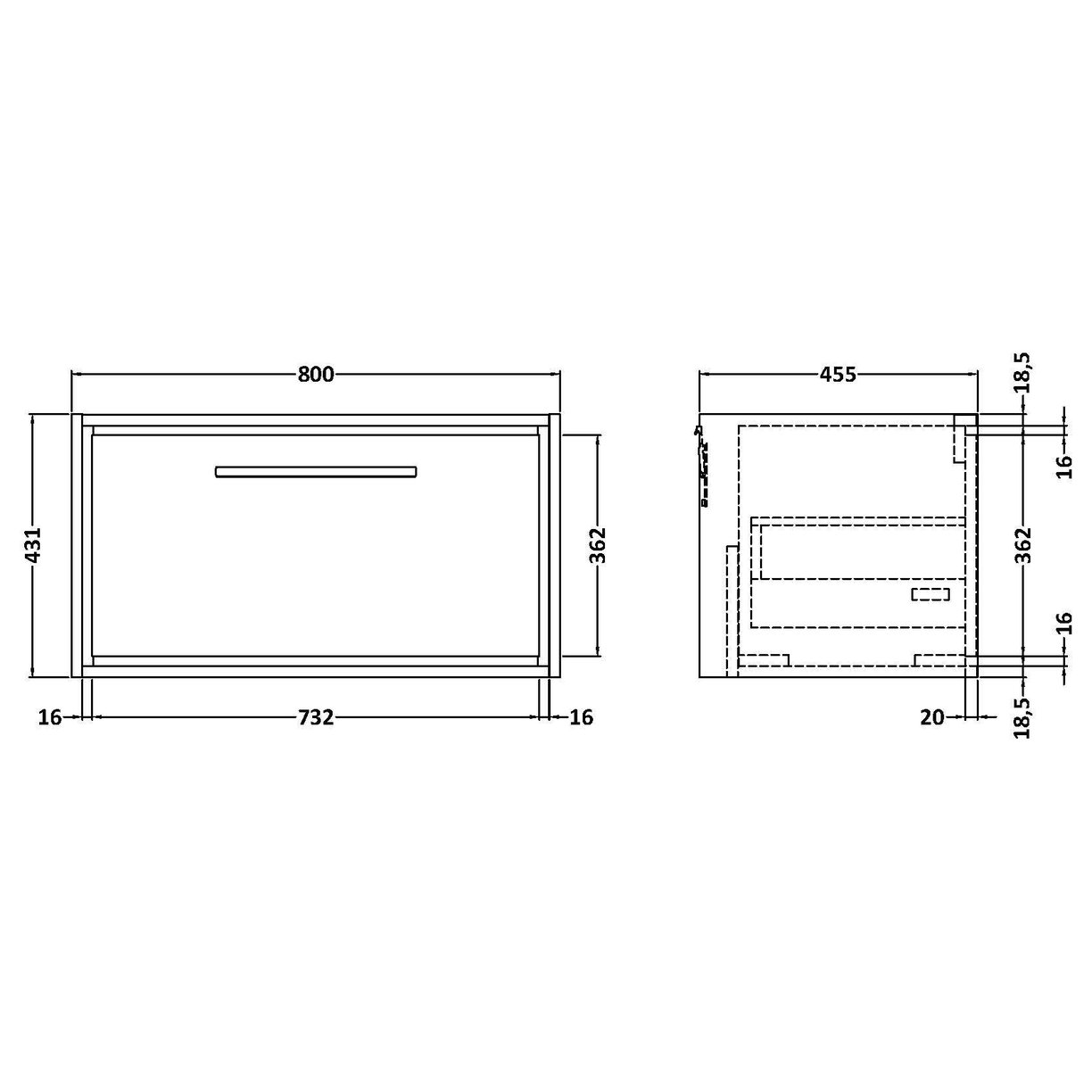 800 Single Drawer Wall Hung Unit (H-431 X W-800 X D455) - Pebble Grey