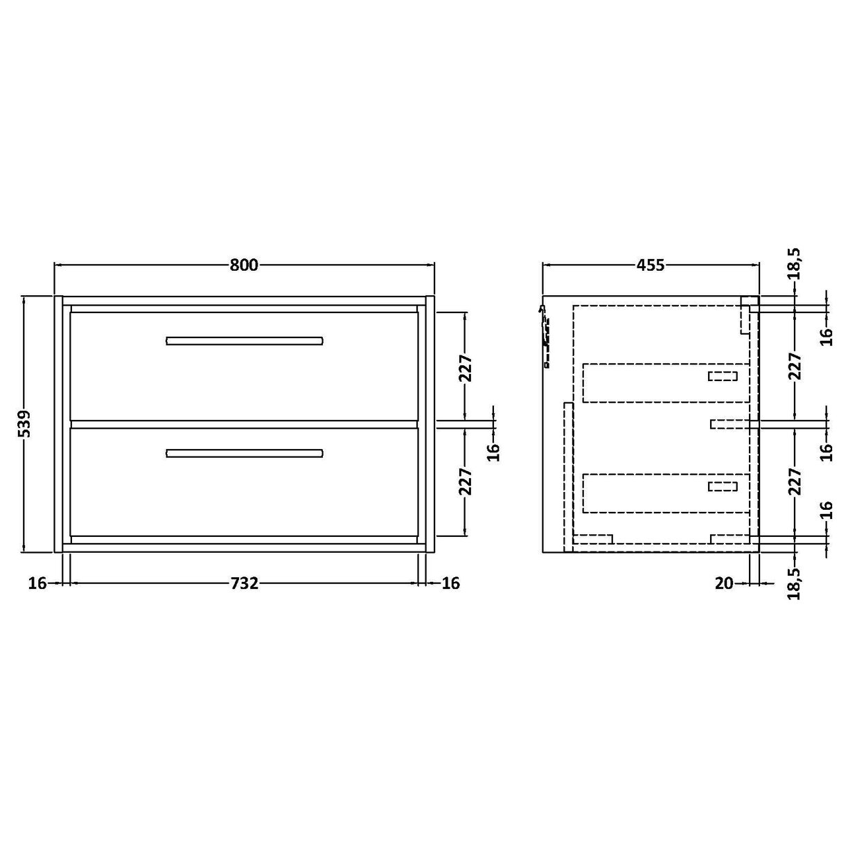 800 2-Drawer Wall Hung Unit (H-539 X W-800 X D455) - Pebble Grey