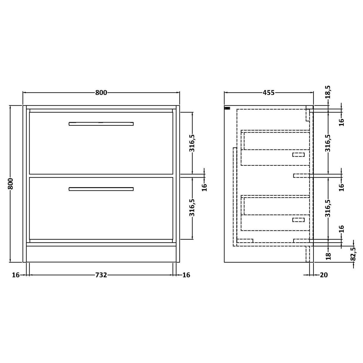 800 2-Drawer Floor Standing Unit (H-800 X W-800 X D455) - Pebble Grey
