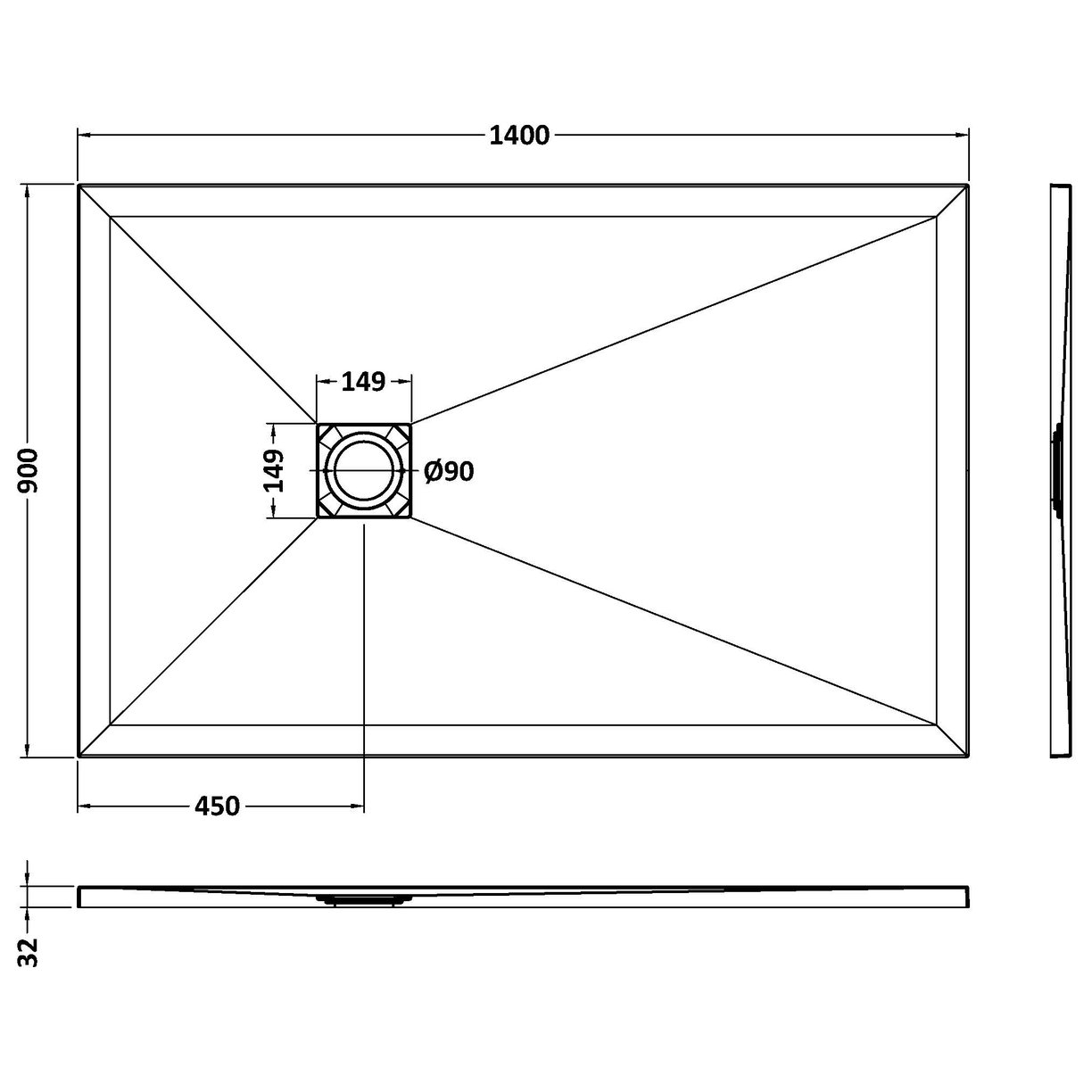Rectangular Shower Tray 1400 x 900mm - Slate White