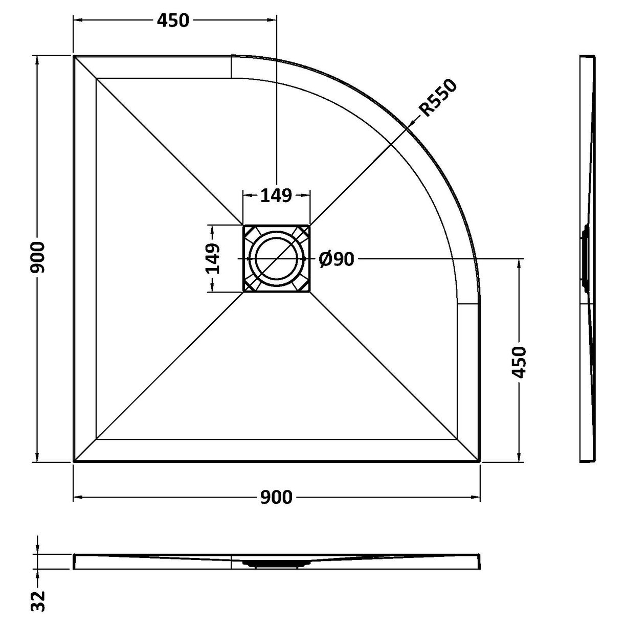 Quadrant Shower Tray 900 x 900mm - Slate White