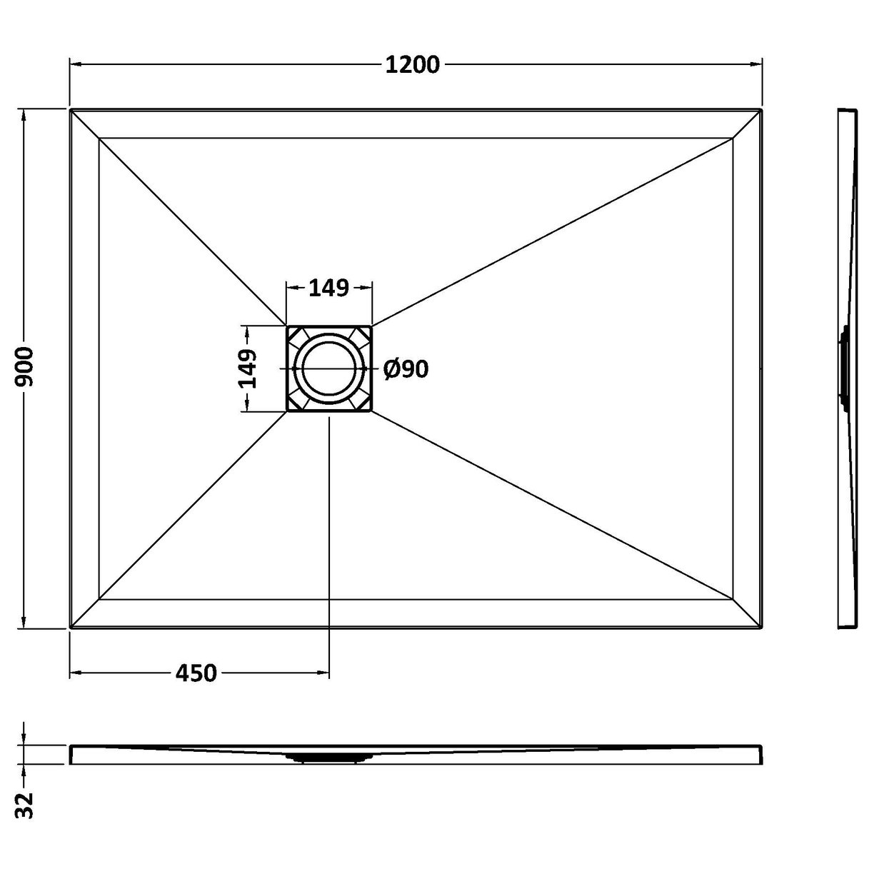 Rectangular Shower Tray 1200 x 900mm - Slate Grey
