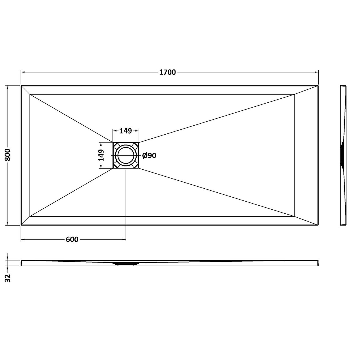 Rectangular Shower Tray 1700 x 800mm - Slate Grey
