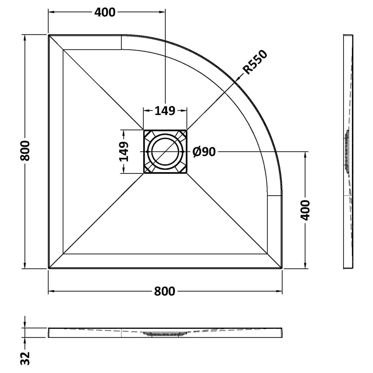 Quadrant Shower Tray 800 x 800mm - Slate Grey