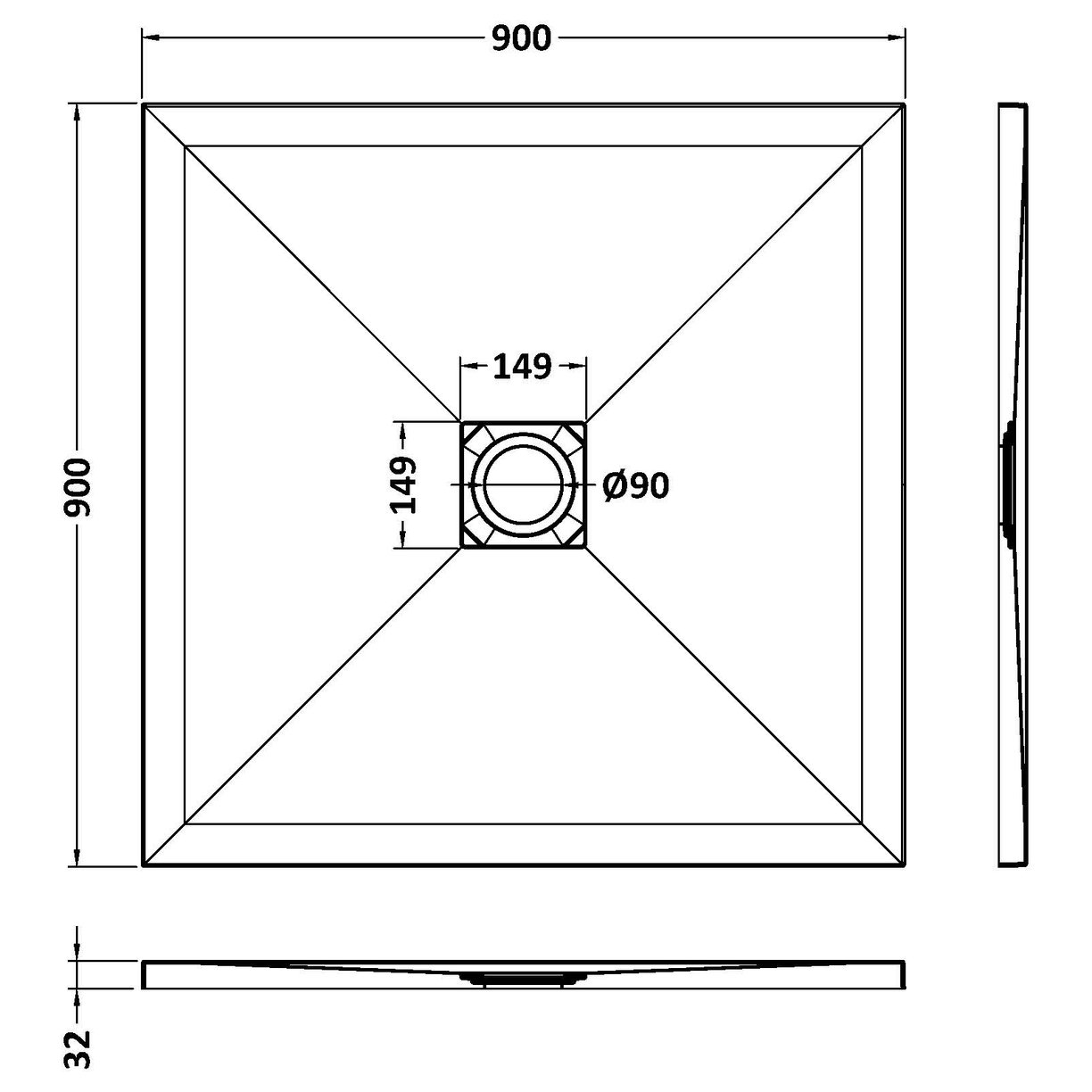 Square Shower Tray 900 x 900mm - Slate Black