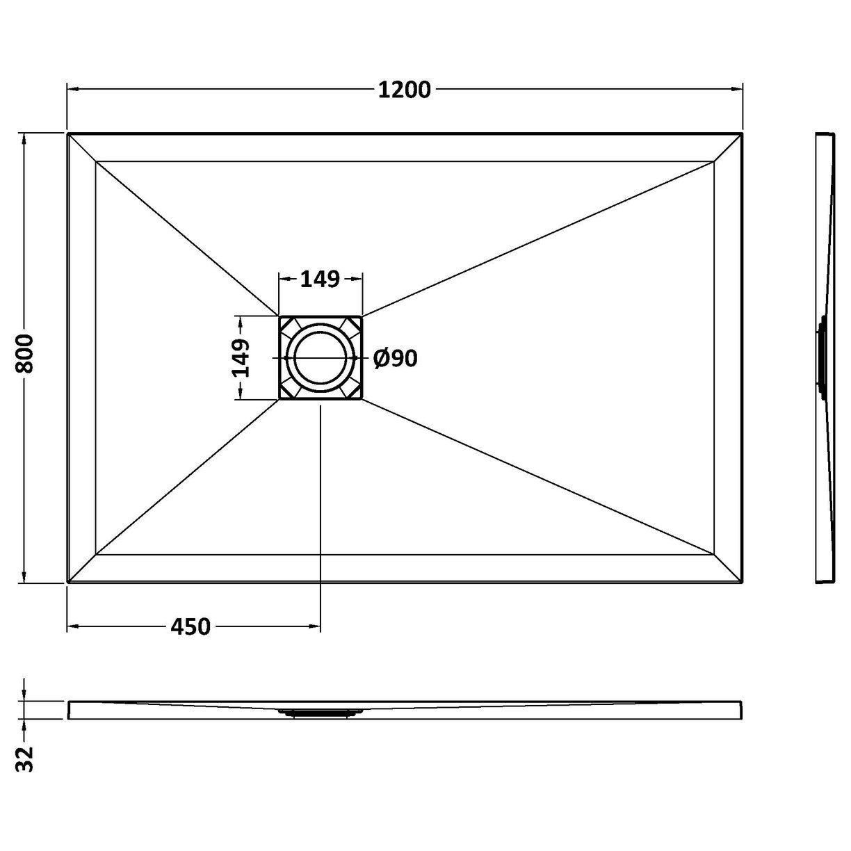 Rectangular Shower Tray 1200 x 800mm - Slate Black