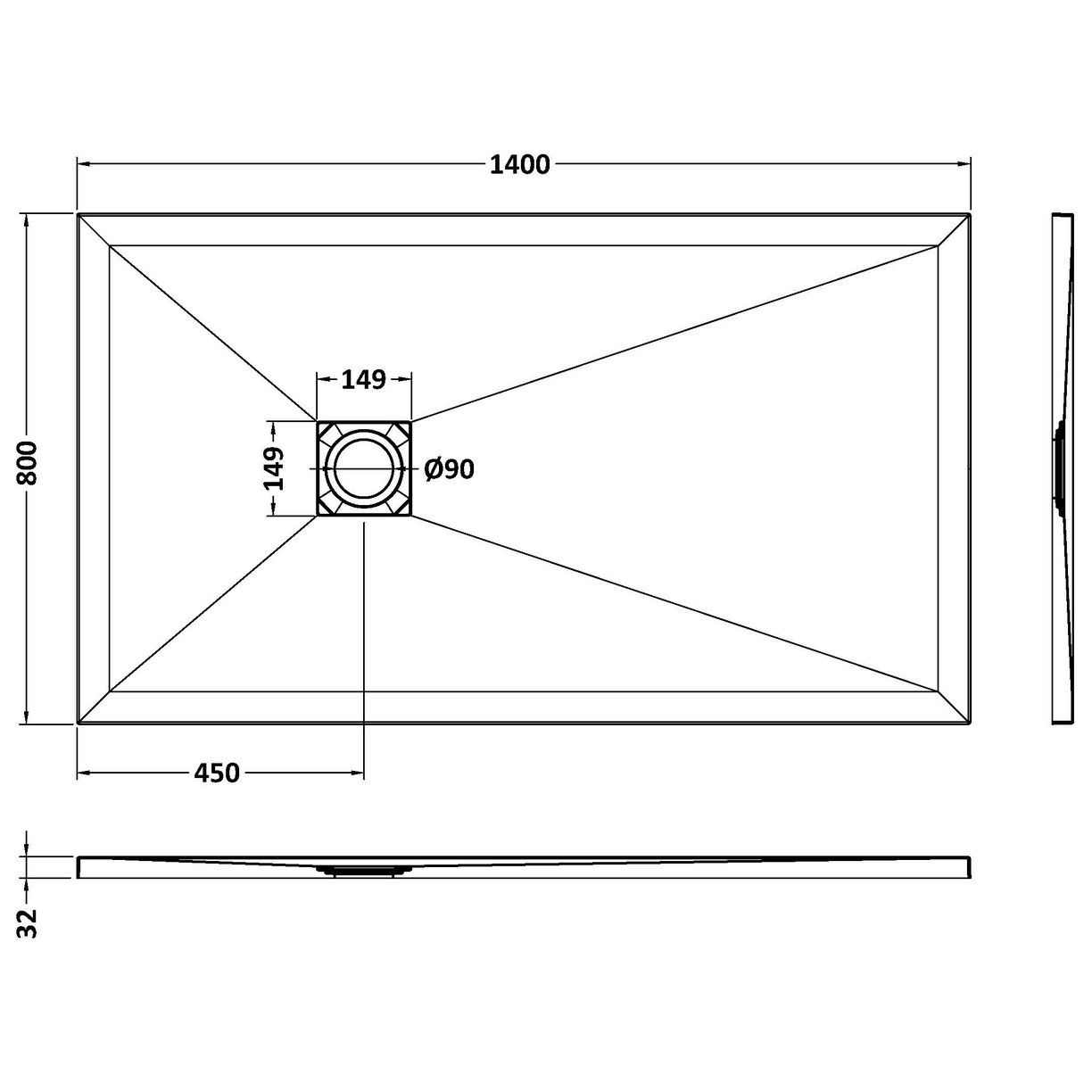 Rectangular Shower Tray 1400 x 800mm - Slate Black