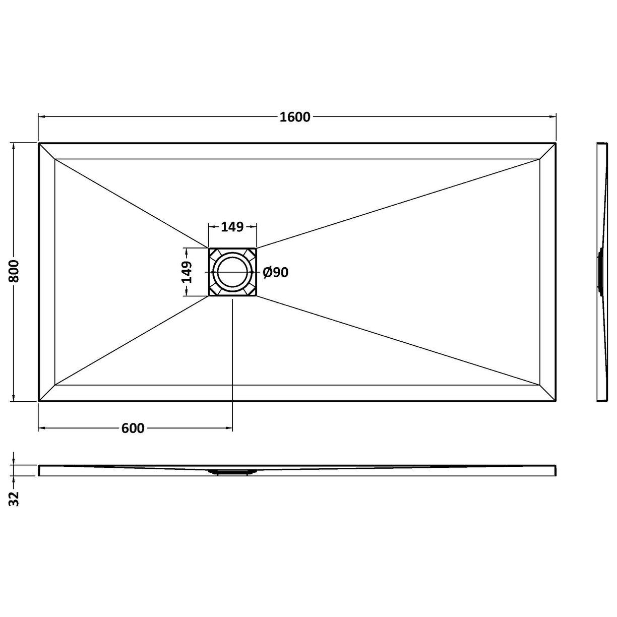 Rectangular Shower Tray 1600 x 800mm - Slate Black