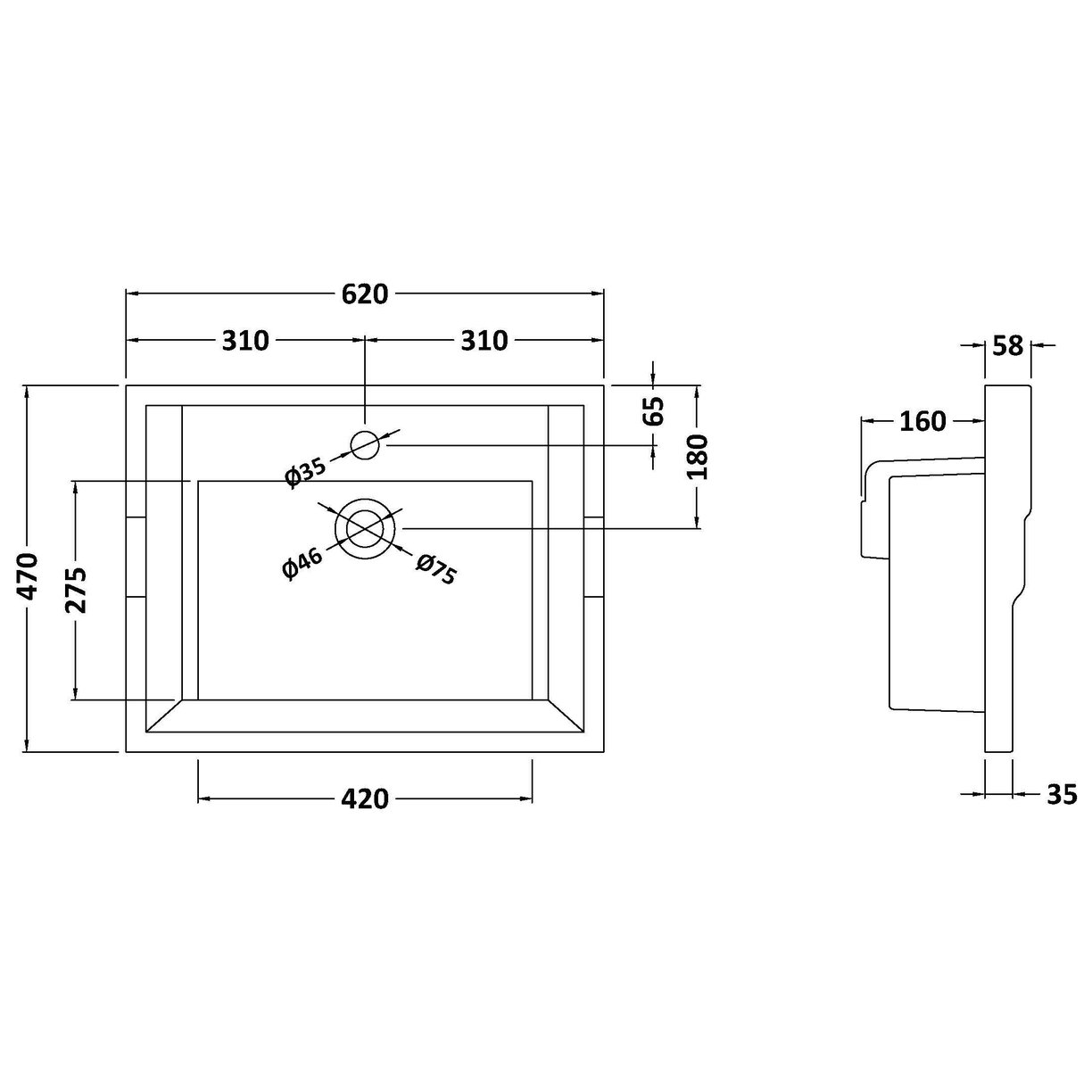 600mm Traditional Basin 1TH - White