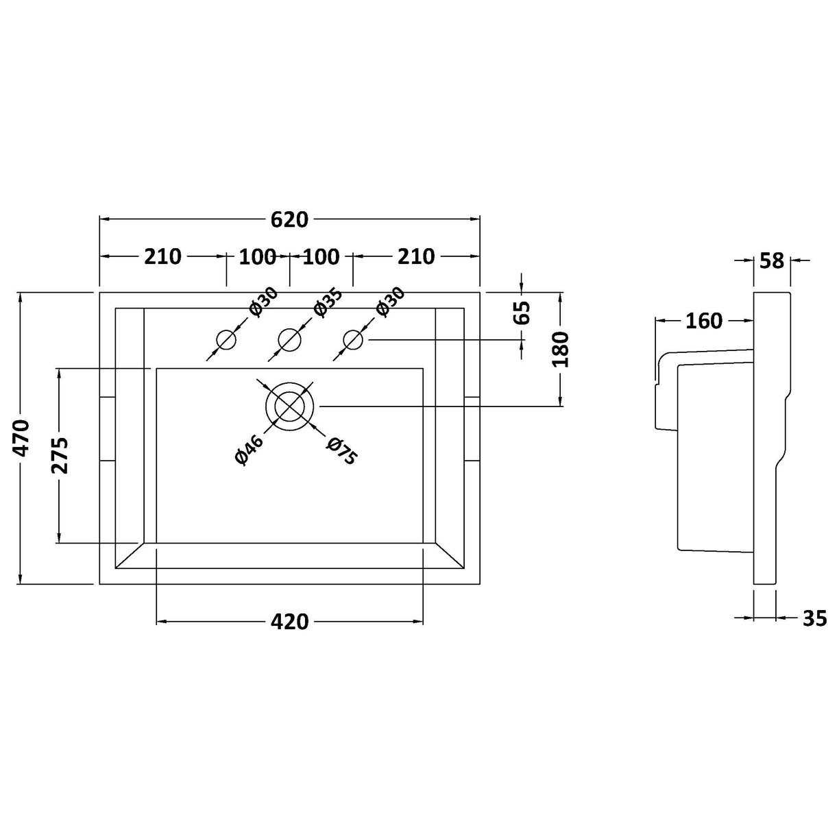 600mm Traditional Basin 3TH - White