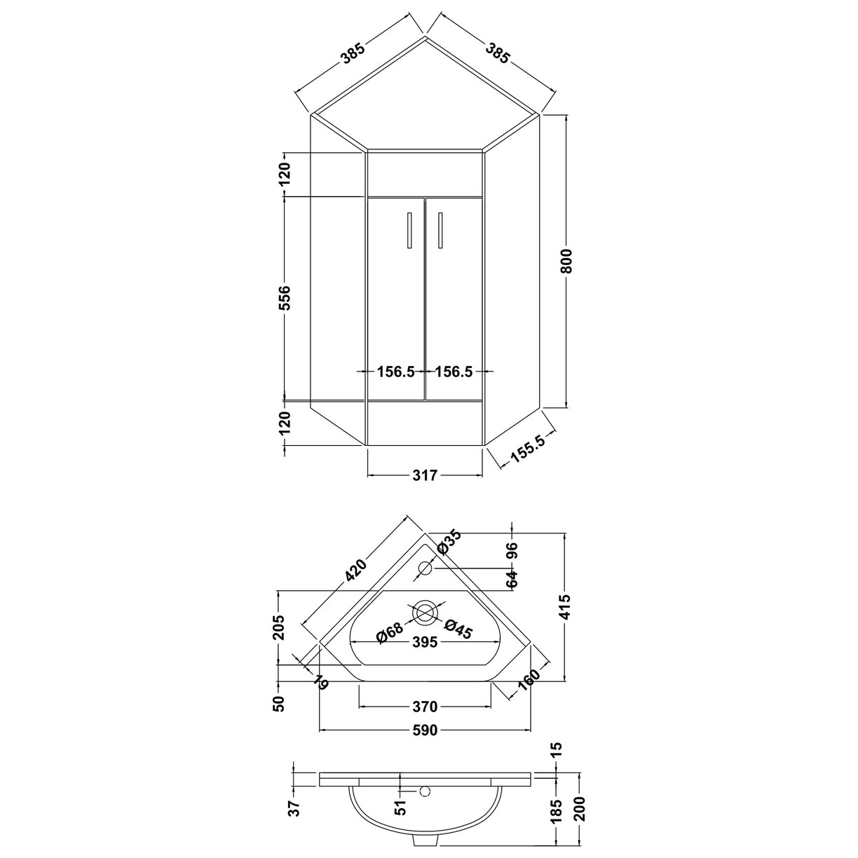 2 Door Corner Cabinet & Basin - Gloss White