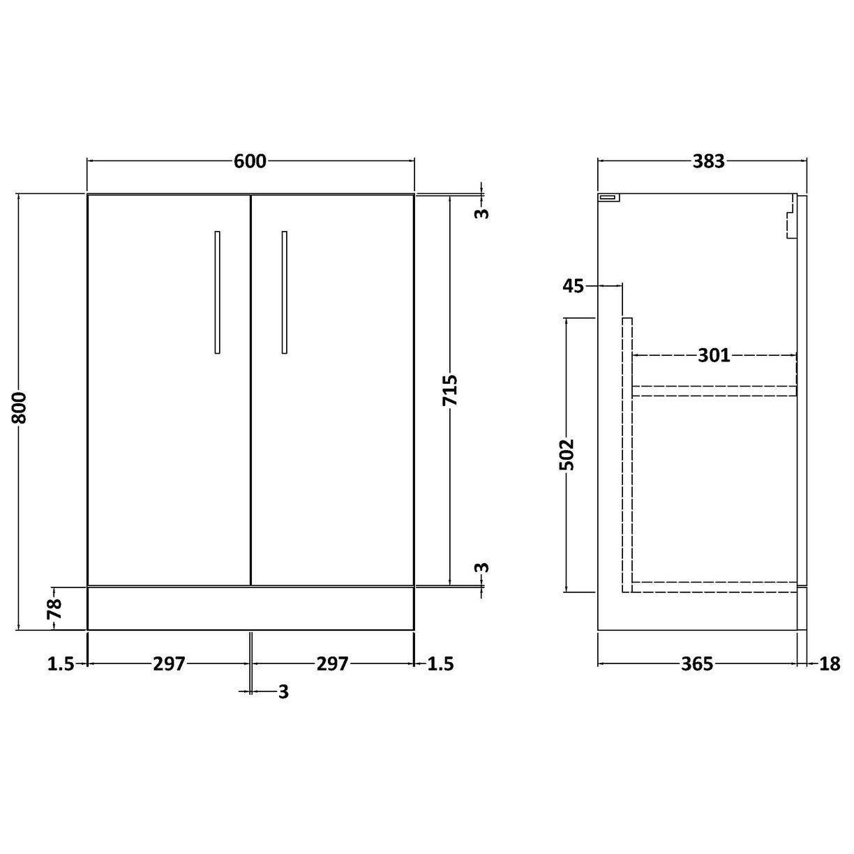 600mm FS 2-Door Unit (365mm Deep) - Satin Soft Black
