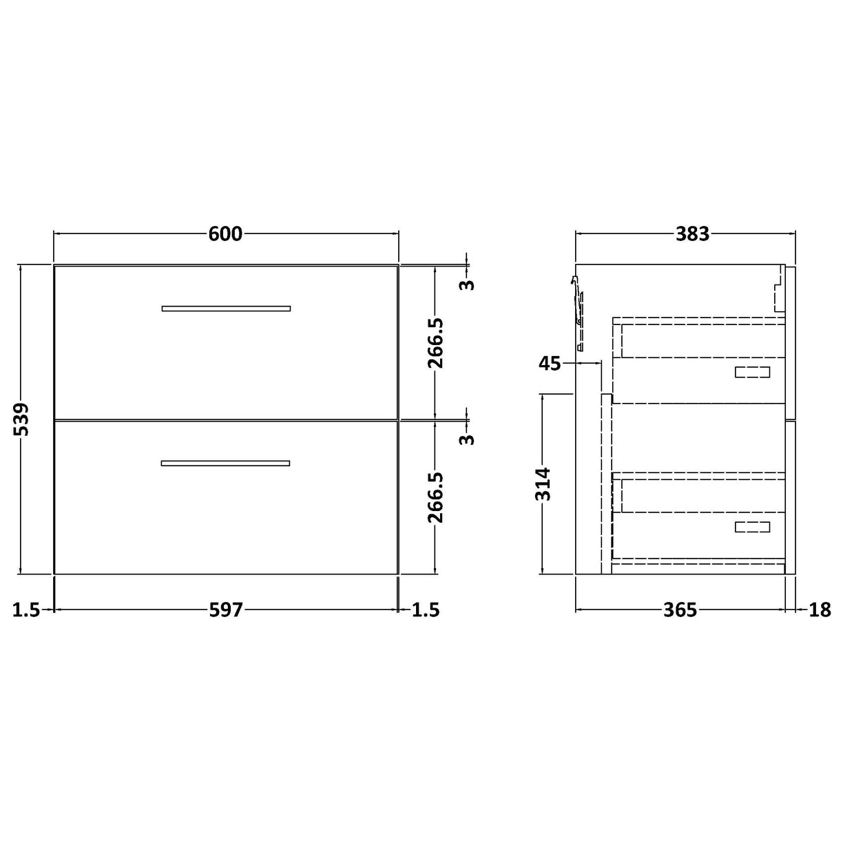 600mm WH 2- Drawer Unit - Satin Soft Black