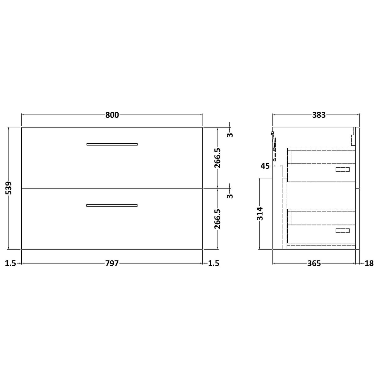 800mm WH 2-Drawer Unit (365mm Deep) - Satin Soft Black