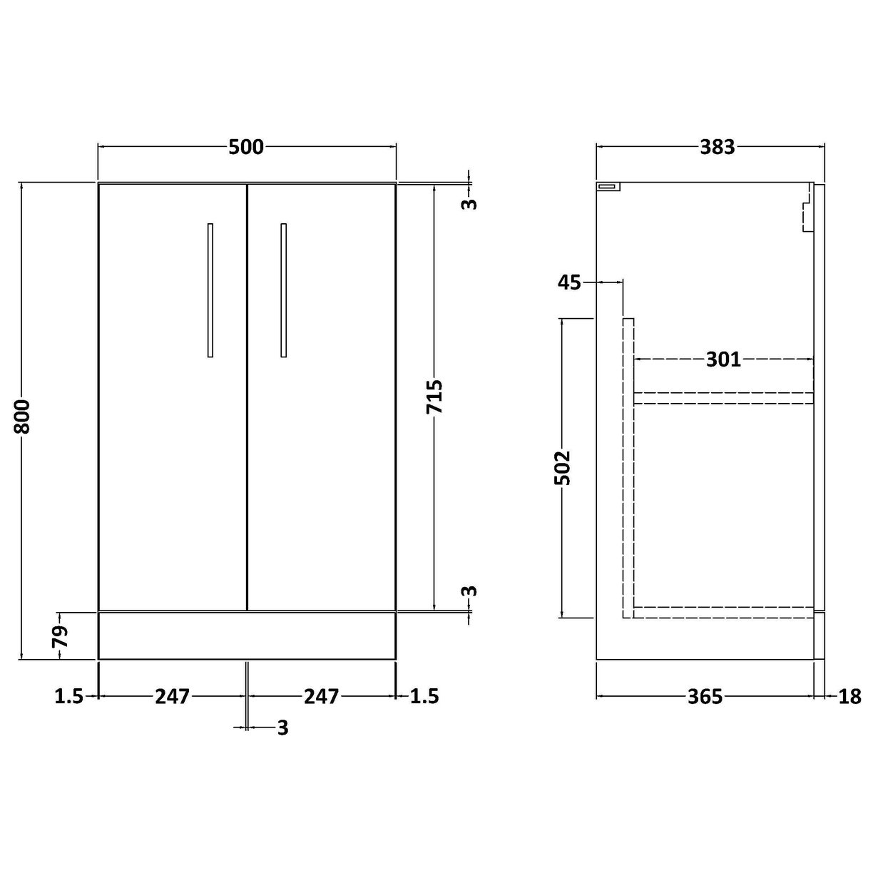 500mm FS 2-Door Unit (365mm Deep) - Satin Grey
