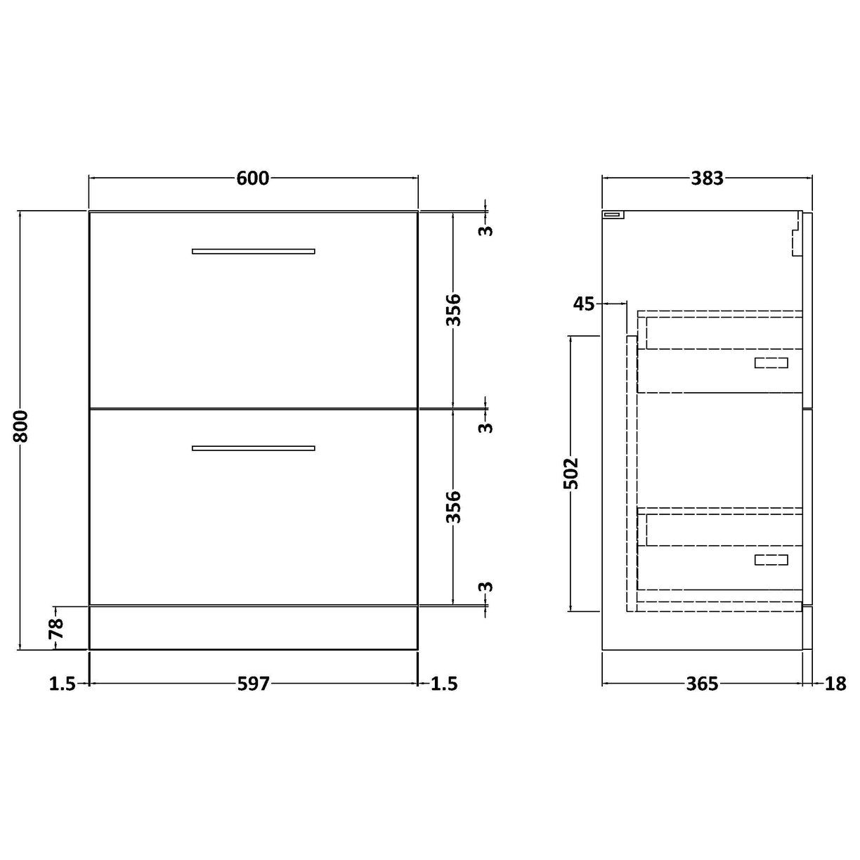 600mm FS 2-Drawer Unit (365mm Deep) - Satin Grey