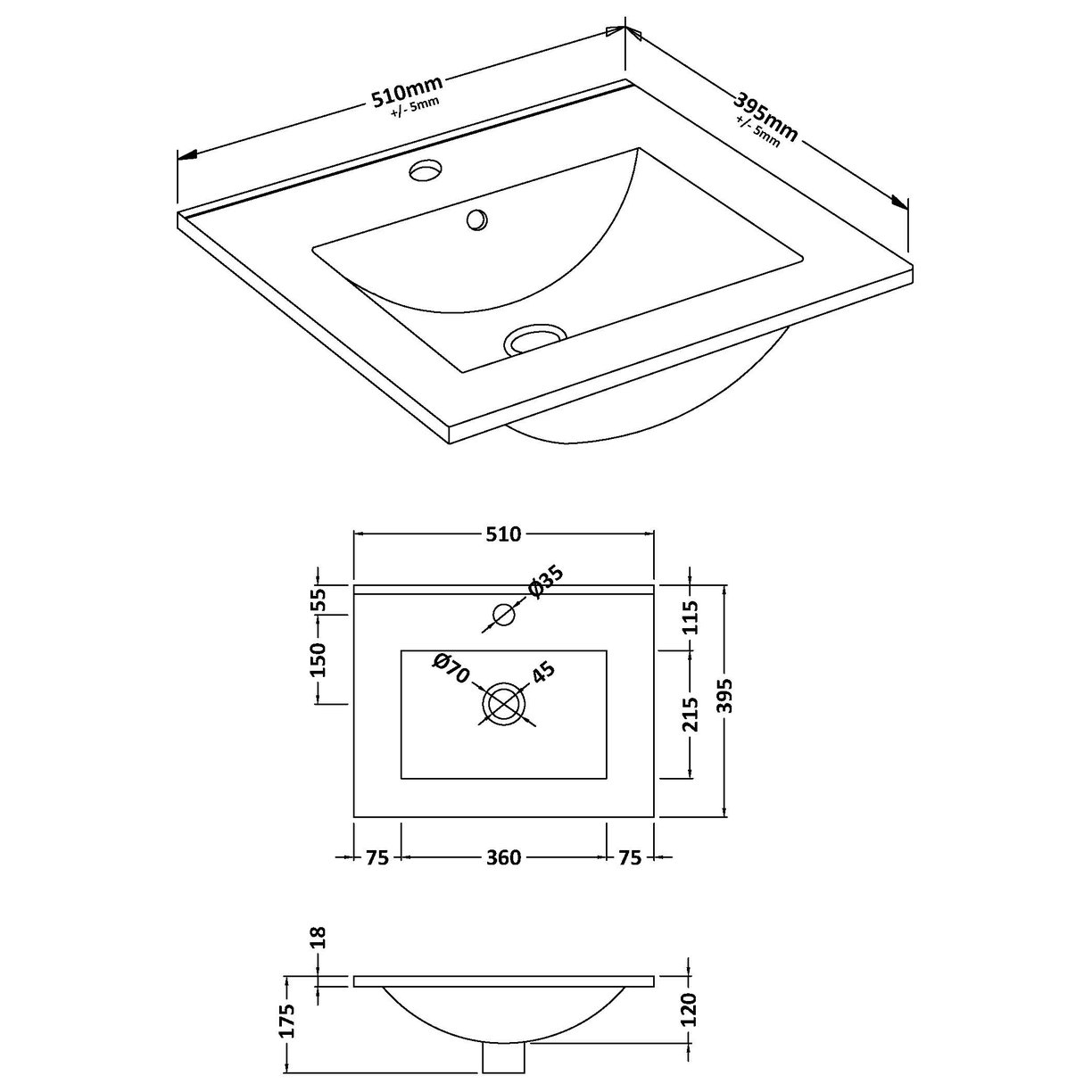 500mm Minimalist Basin 1Th - White