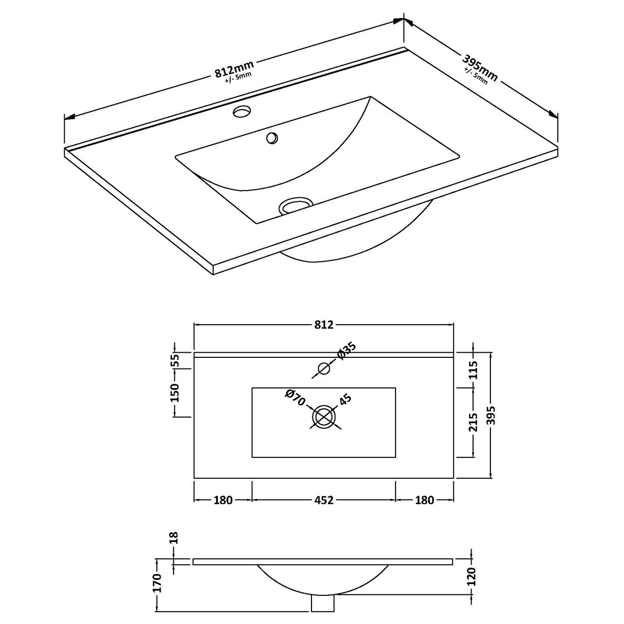 800mm Minimalist Basin 1Th - White