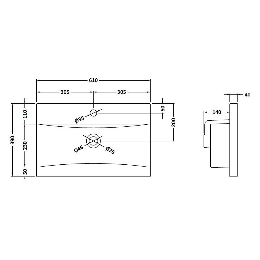 600mm Mid-Edged Basin 1 Th - White