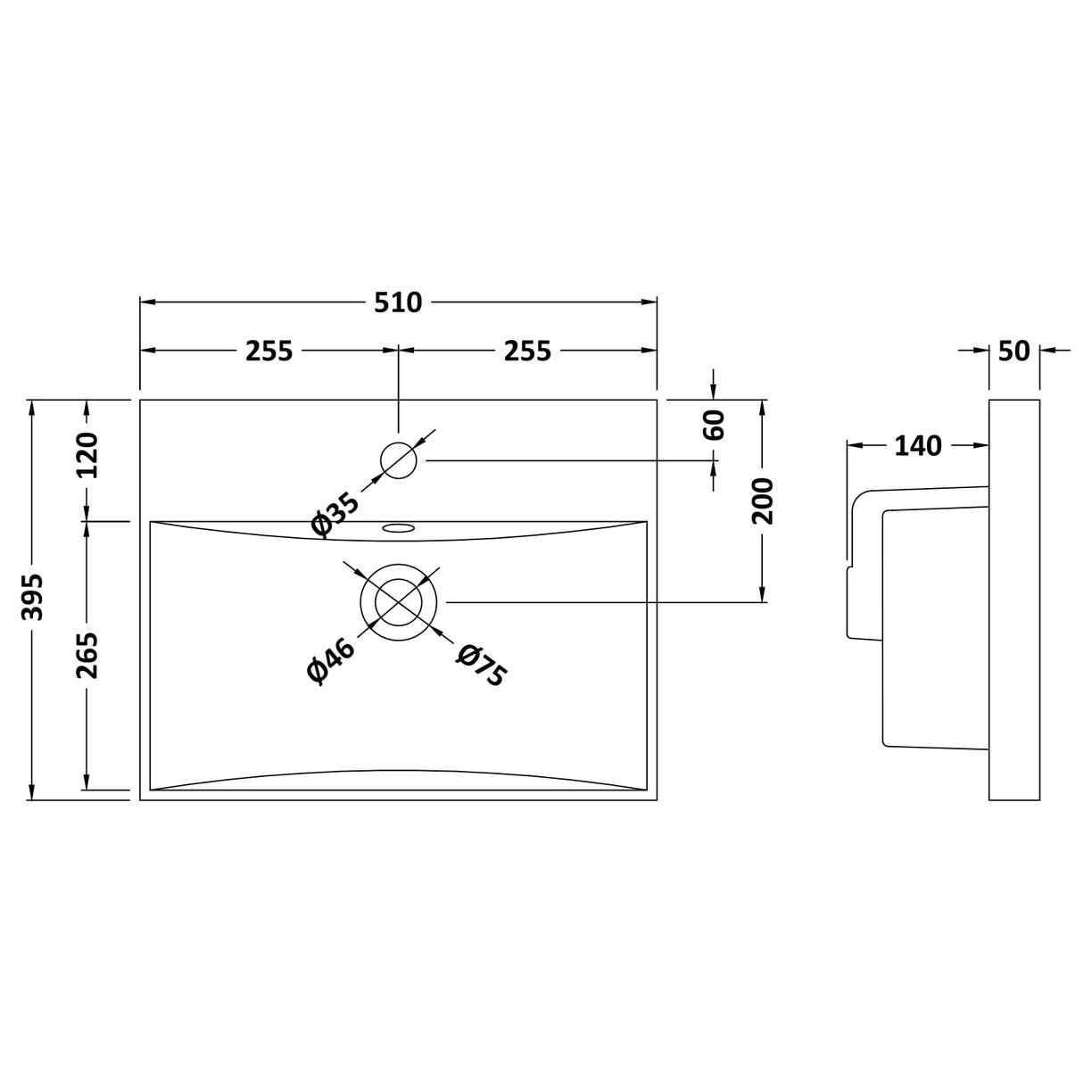 500mm Thin-Edge Basin 1Th - White