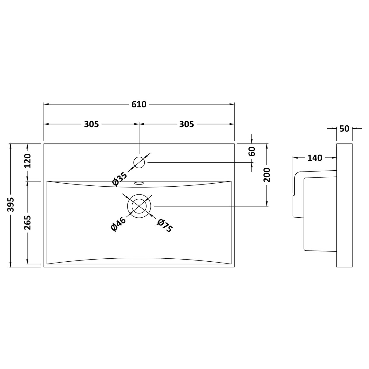600mm Thin-Edge Basin 1Th - White