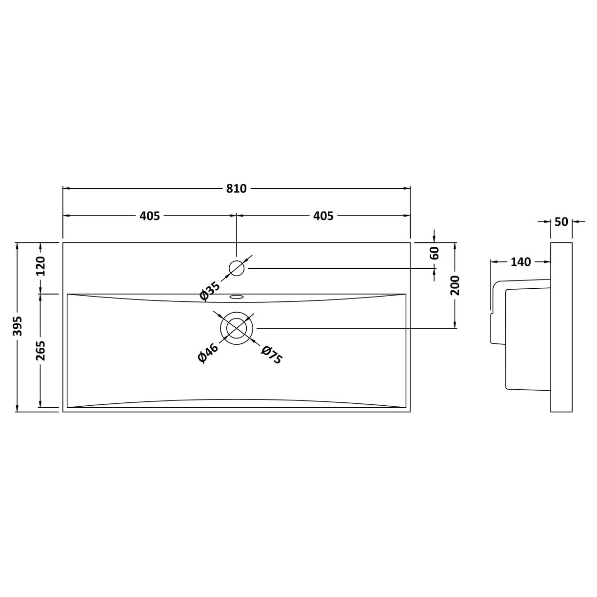 800mm Thin-Edge Basin 1Th - White