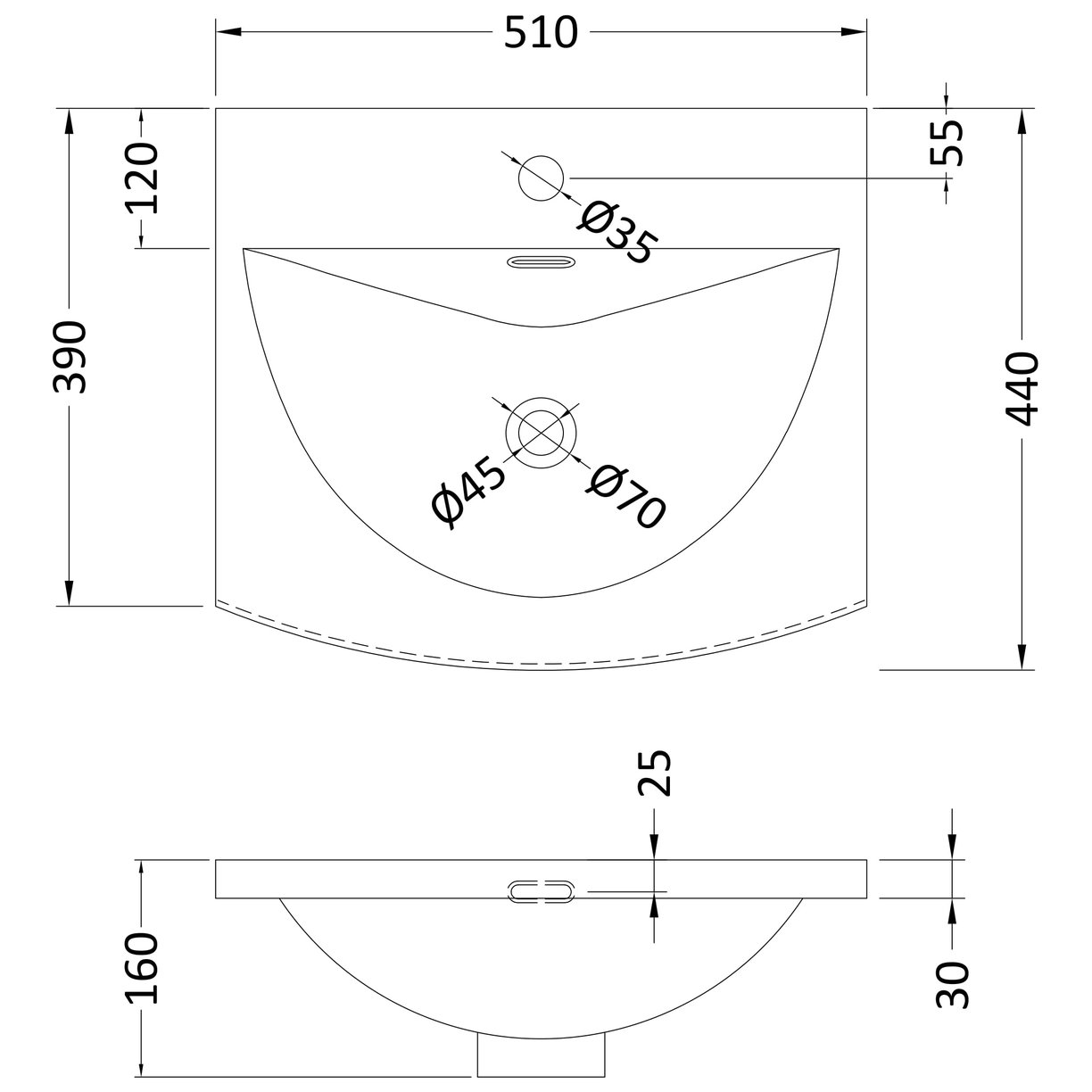 500mm Curved Basin 1Th - White