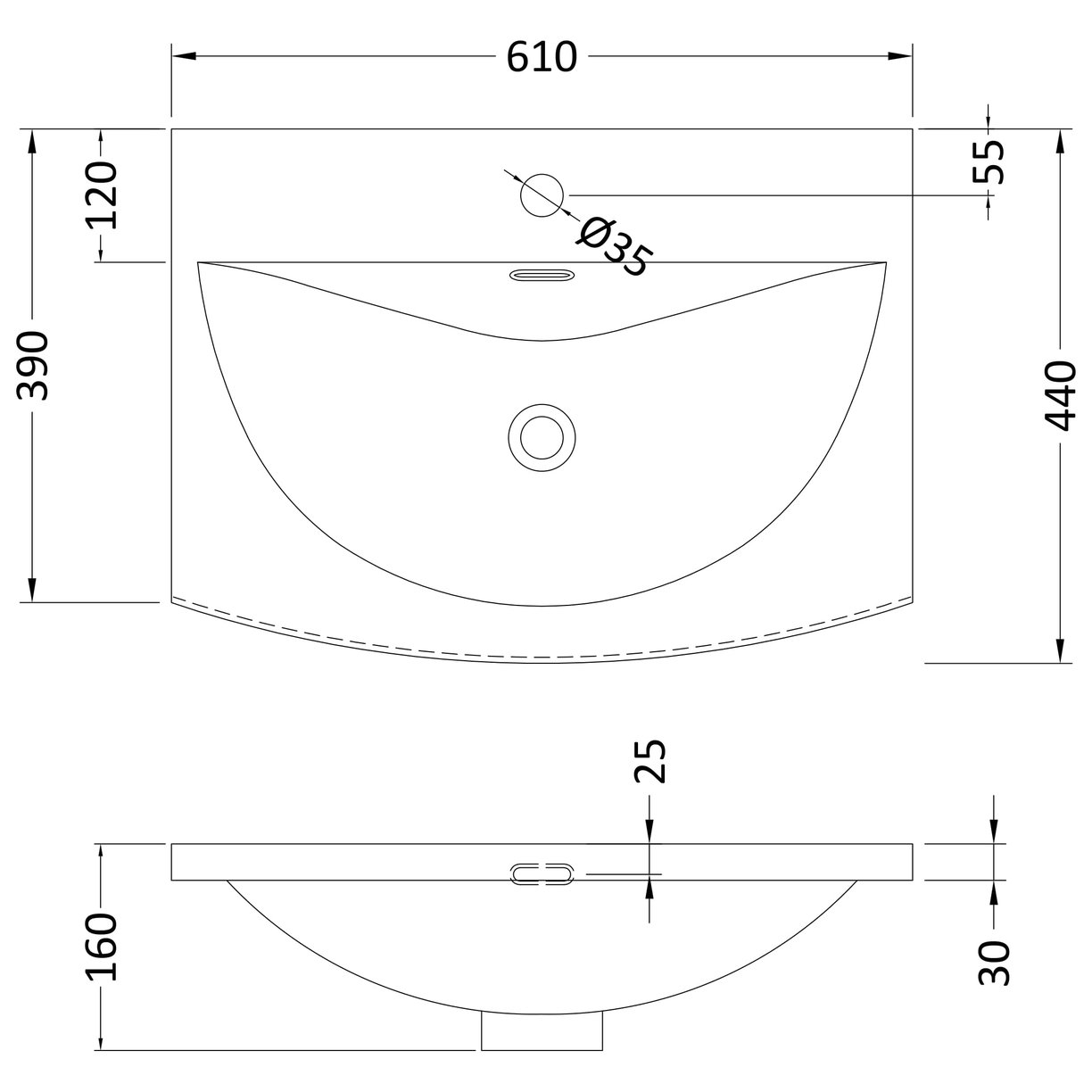 600mm Curved Basin 1Th - White