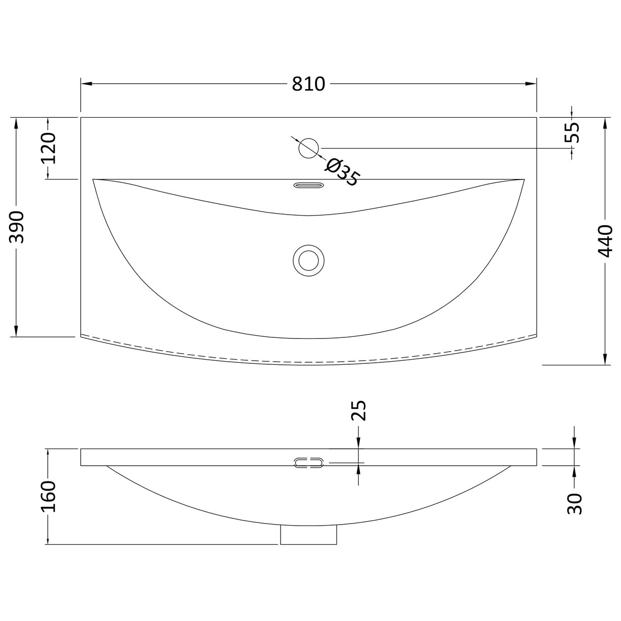 800mm Curved Basin 1Th - White