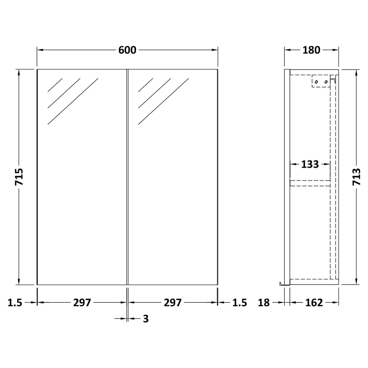 600mm Mirror Unit 50/50 - Bleached Cuneo Oak