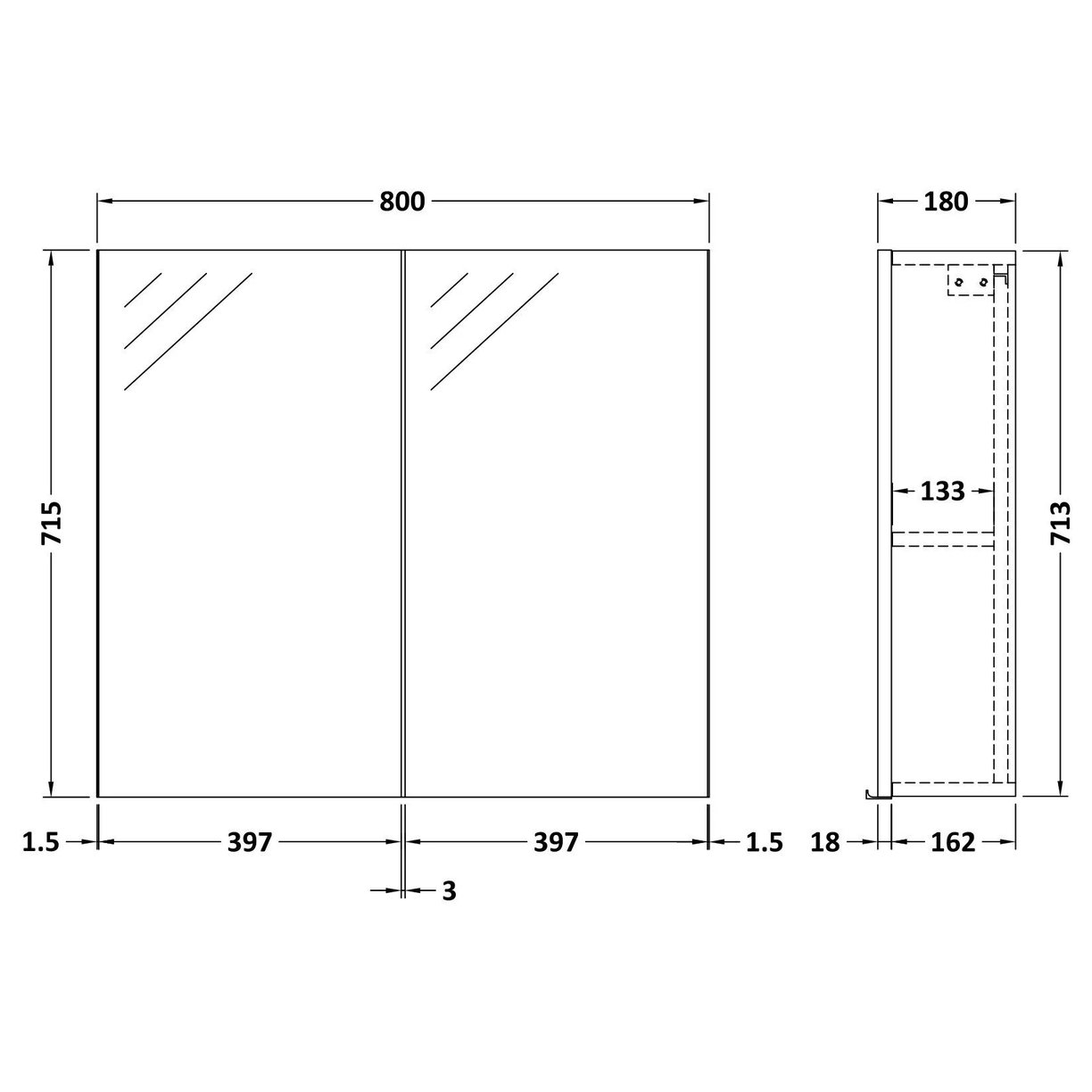 800mm Mirror Unit (50/50) - Charcoal Black