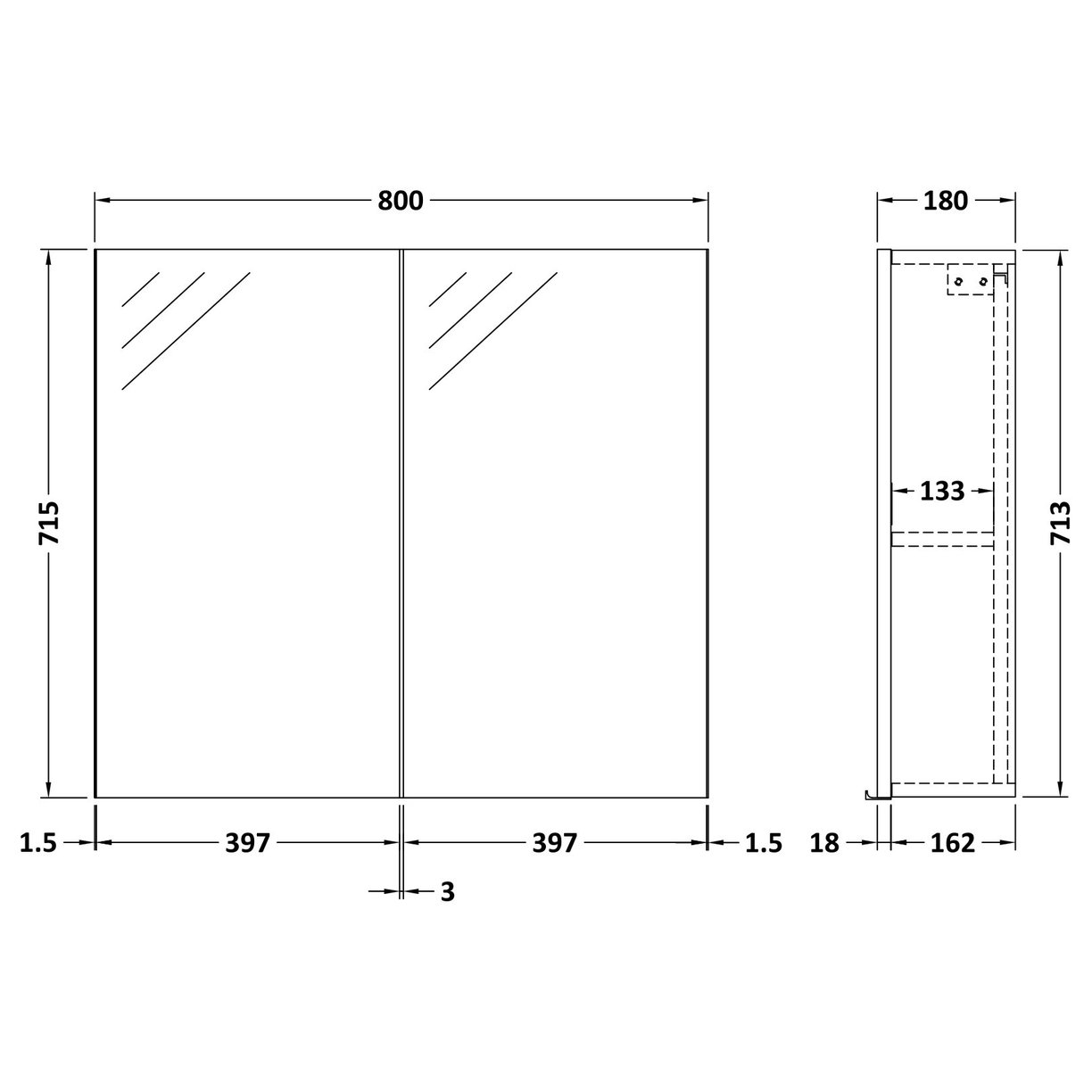 800mm Mirror Unit (50/50) - Gloss Grey