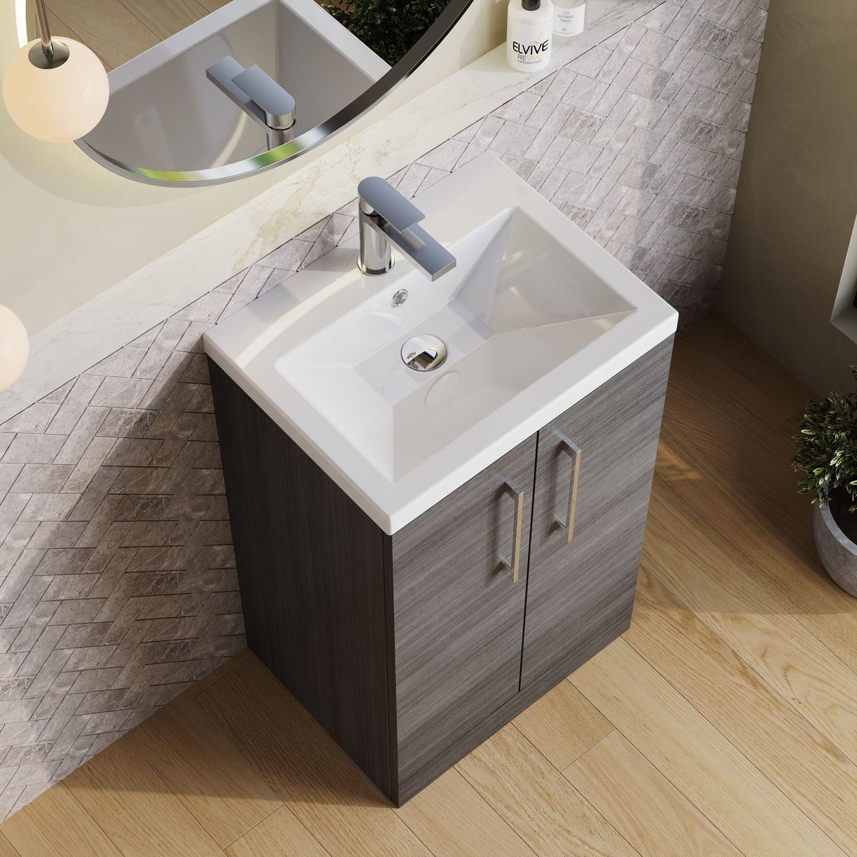 500mm FS 2-Door Vanity & Ceramic Basin - Anthracite Woodgrain